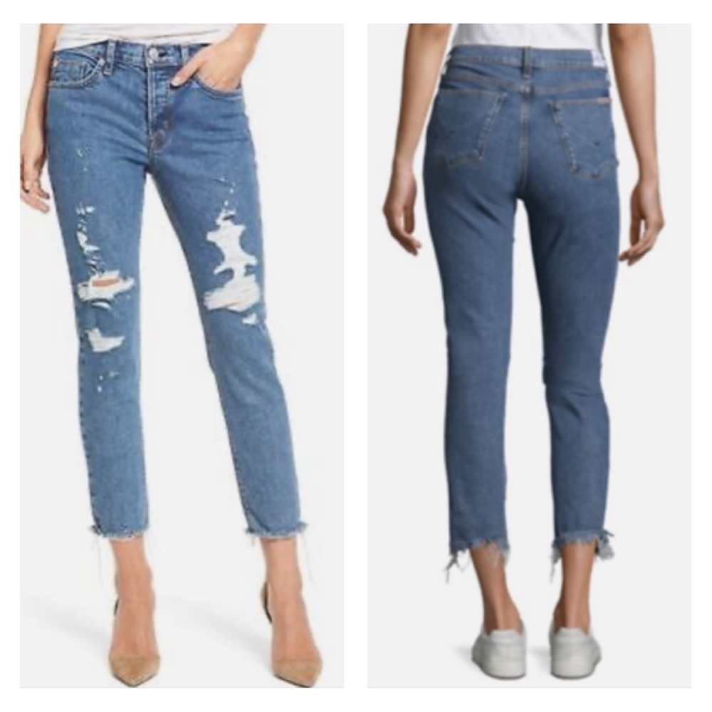 Hudson Riley Luxe Crop Relaxed Straight Raw Hem Button Fly Distressed Jeans 32 - Picture 2 of 15